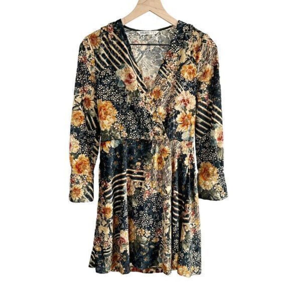 Zara Floral Print Geometric Velvet V Neck Long Sleeve Dress Gold Size Small Boho